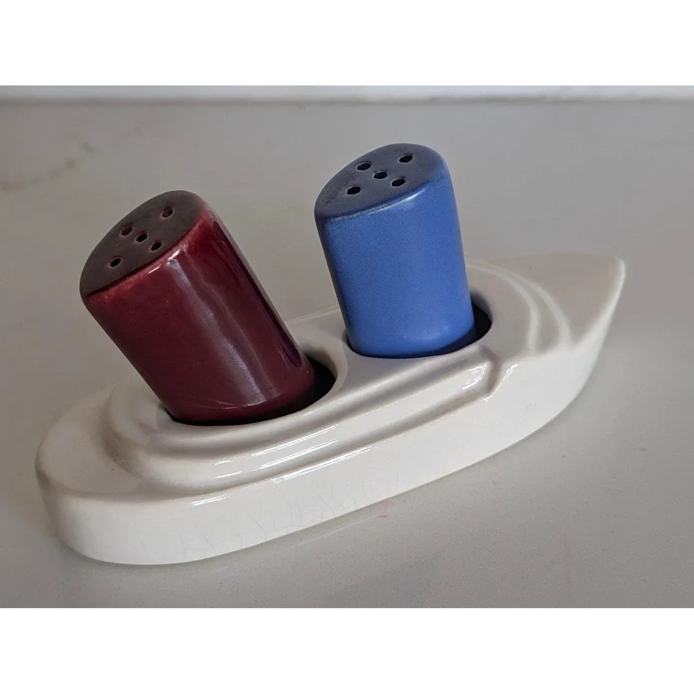Vintage USA Pottery 566 Boat Salt and Pepper Shakers Set Blue Maroon Nautical